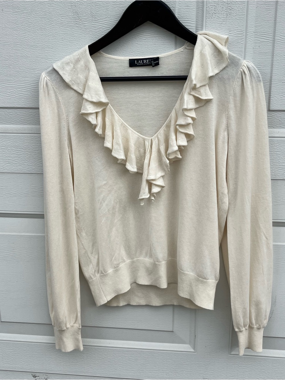 Lauren Ralph Lauren black label Cream Ruffle V-Neck Knit Sweater PM
